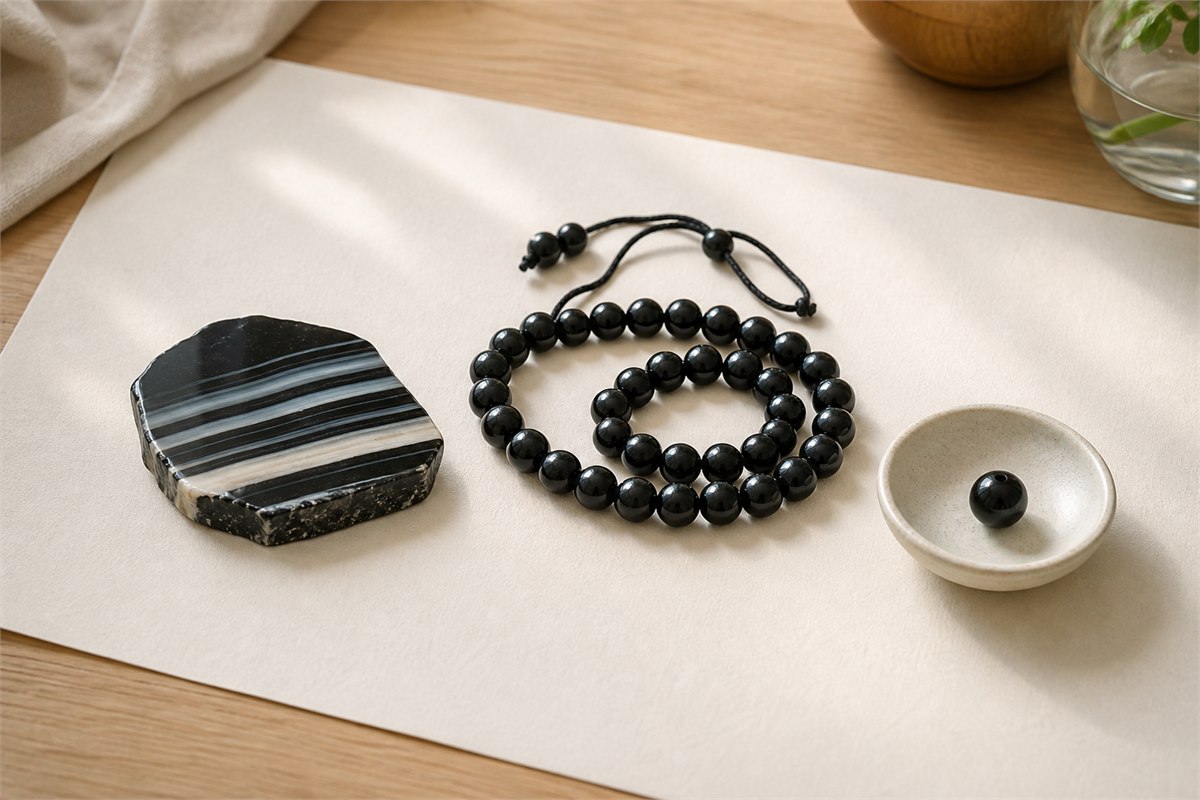 Parallel-banded onyx slab, uniform black chalcedony bead strand, and separate black glass bead on ivory paper