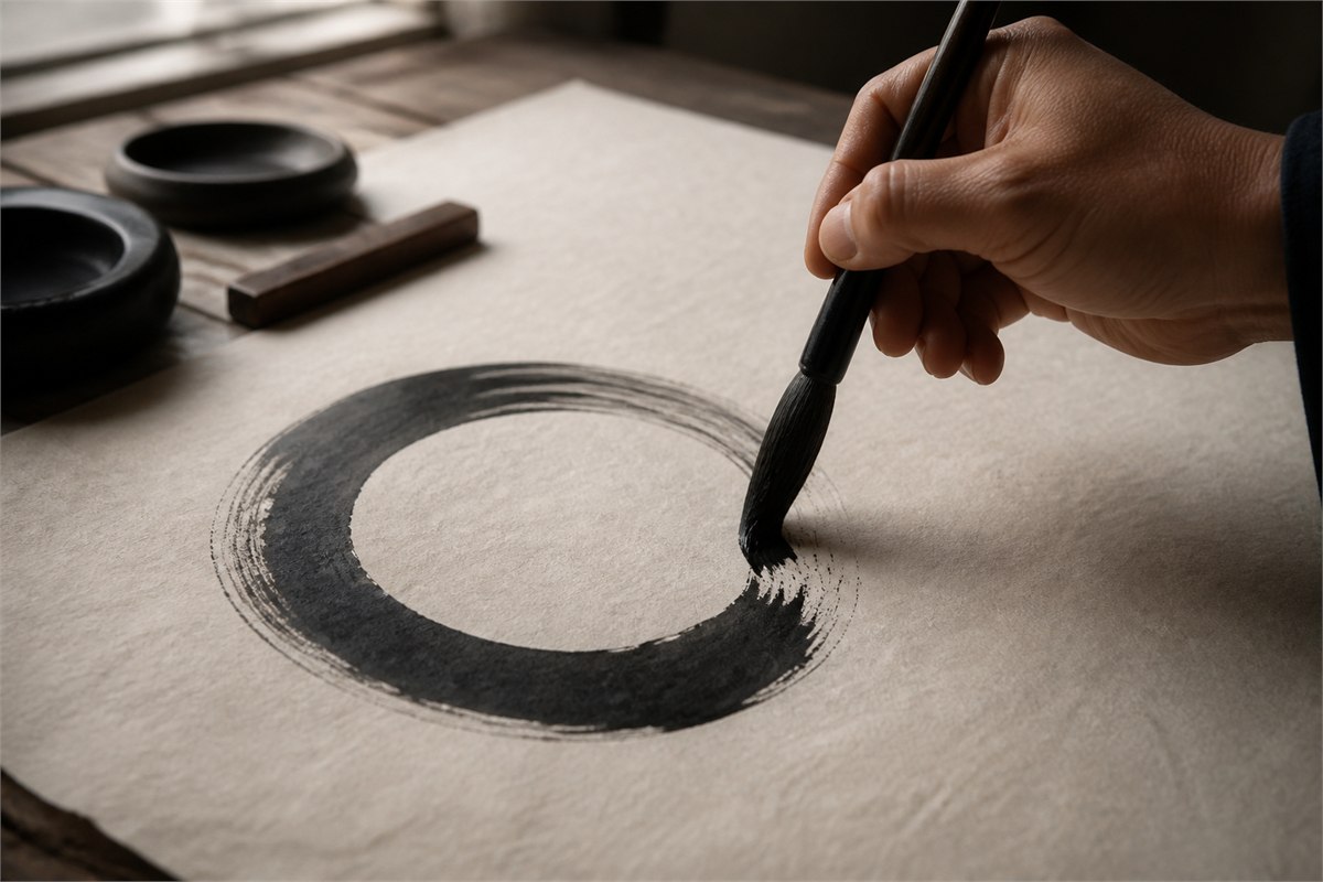 A hand completing a single open black ink circle on warm handmade paper.