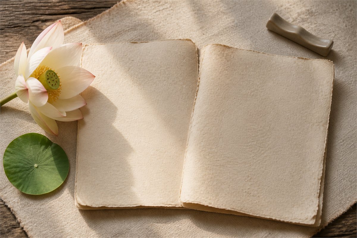 Open classical pages without readable text beside a pale lotus in natural light