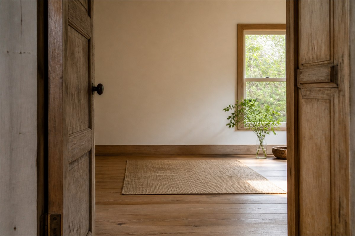 Open wooden doorway leading to an empty meditation mat in a calm sunlit room