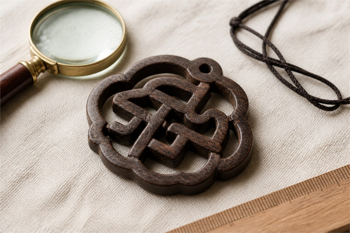 Dark wood openwork pendant beside a magnifying glass, plain ruler edge, and cotton cord
