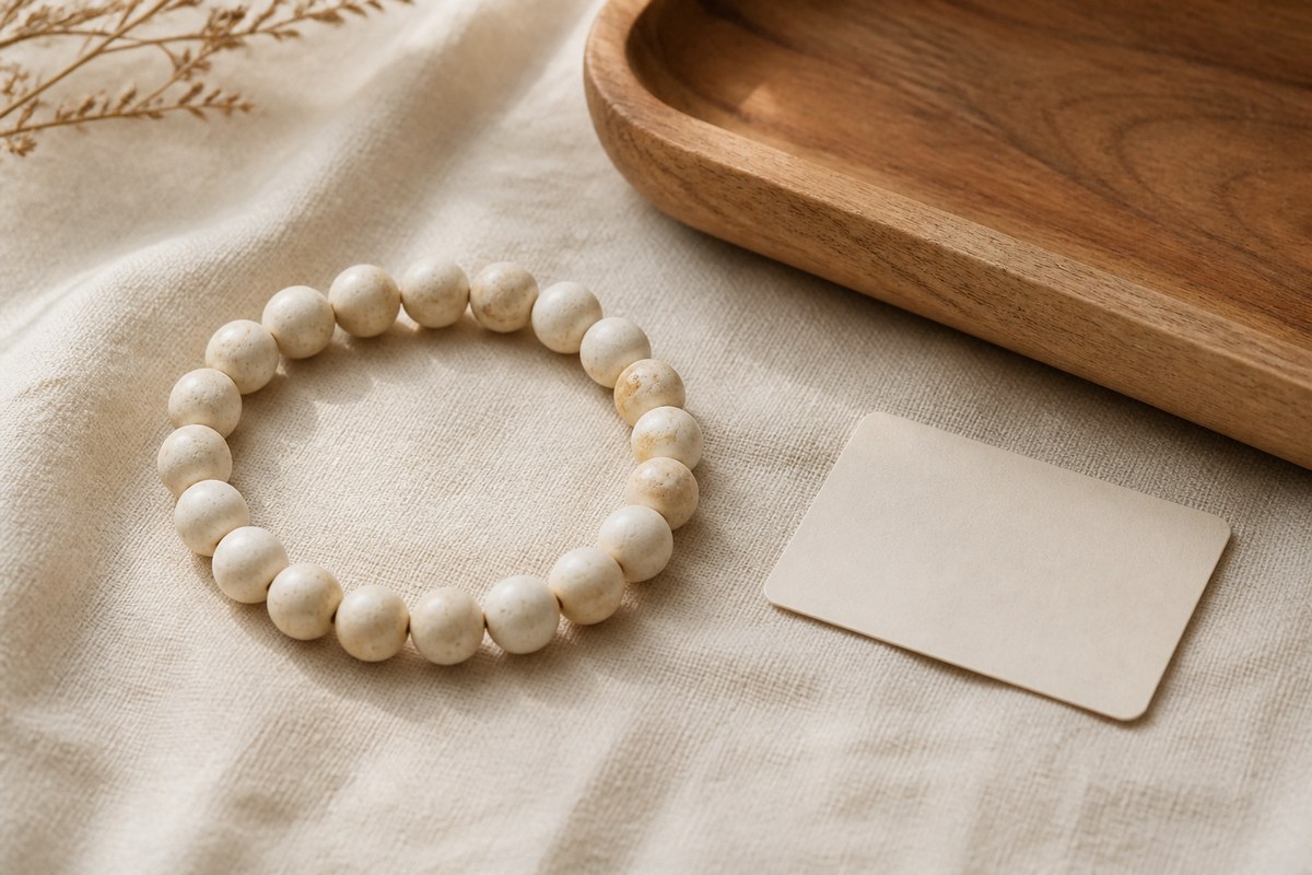 A cream animal-bone bracelet on ivory linen beside a blank material card.