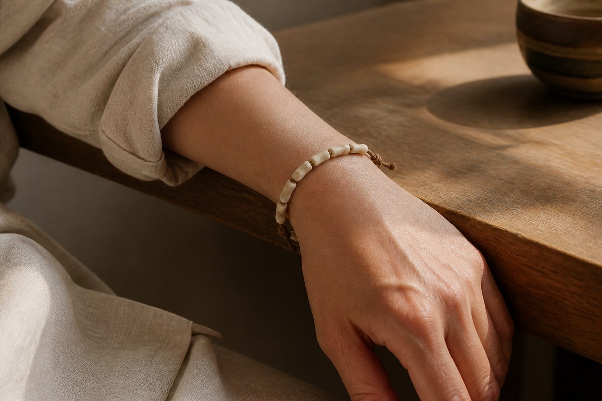 An adult wrist wearing a simple cream animal-bone bracelet on brown cord.