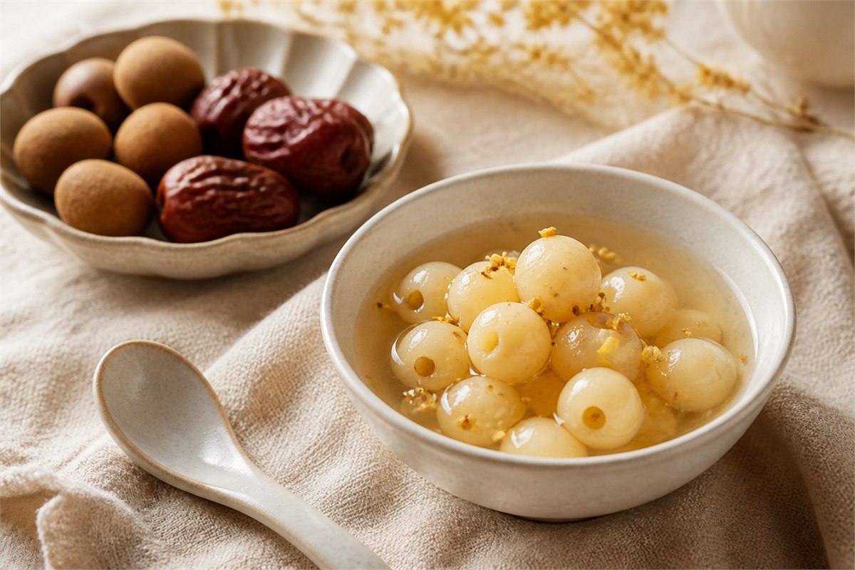 Bowl of cooked lotus seeds in light syrup with a small osmanthus garnish