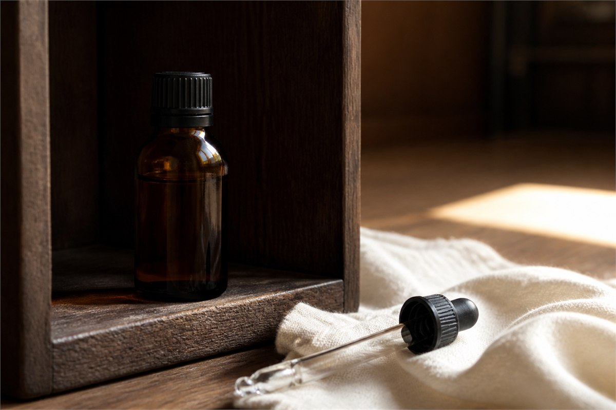Closed amber oud oil bottle standing upright in a shaded wooden compartment with a clean applicator on ivory cloth