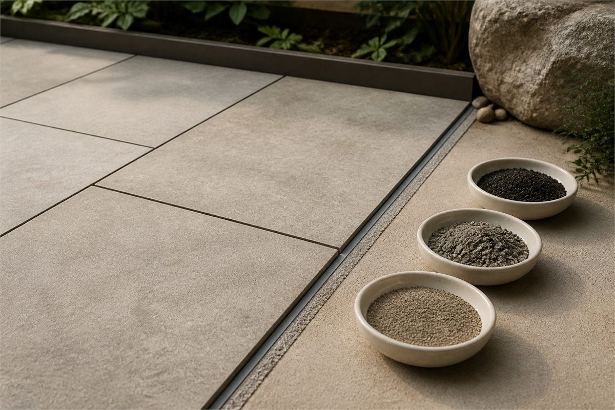 Porcelain paver mock-up with consistent joints, perimeter profile, metal edging and jointing samples