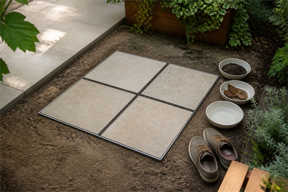 Four porcelain pavers arranged as a garden mock-up beside soil, wet leaves and water samples