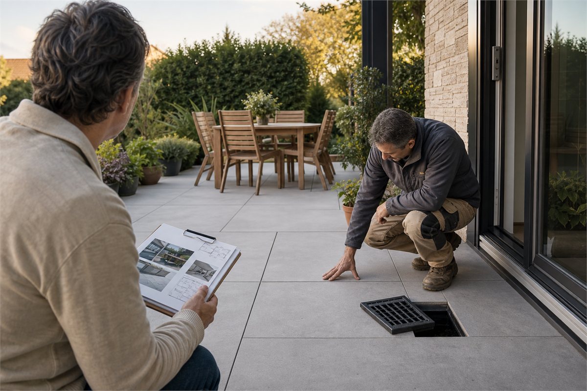 Contractor and homeowner reviewing joints, drain access, and photo records on a finished patio