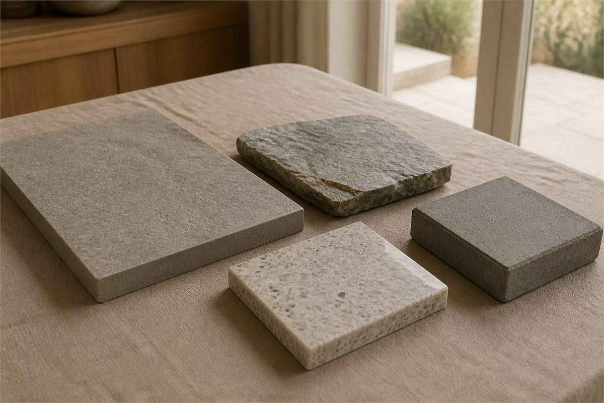 Exterior porcelain paver, natural quartzite, engineered quartz, and concrete paving samples