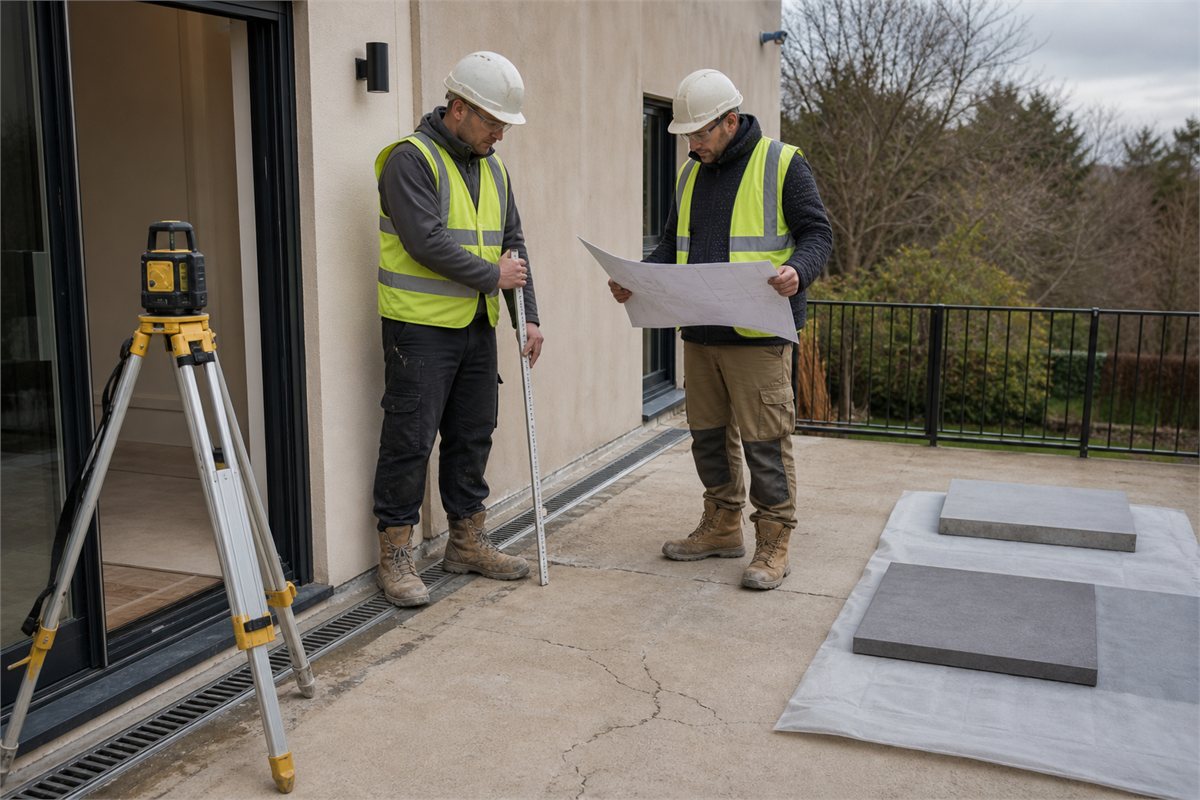 Two professionals surveying a terrace threshold, drain, slab, and sample porcelain pavers