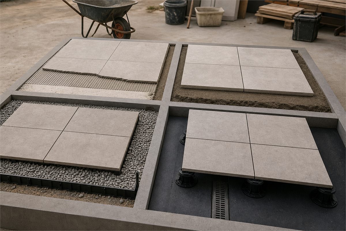 Four outdoor porcelain paver mock-ups using bonded, mortar-bed, aggregate, and pedestal systems