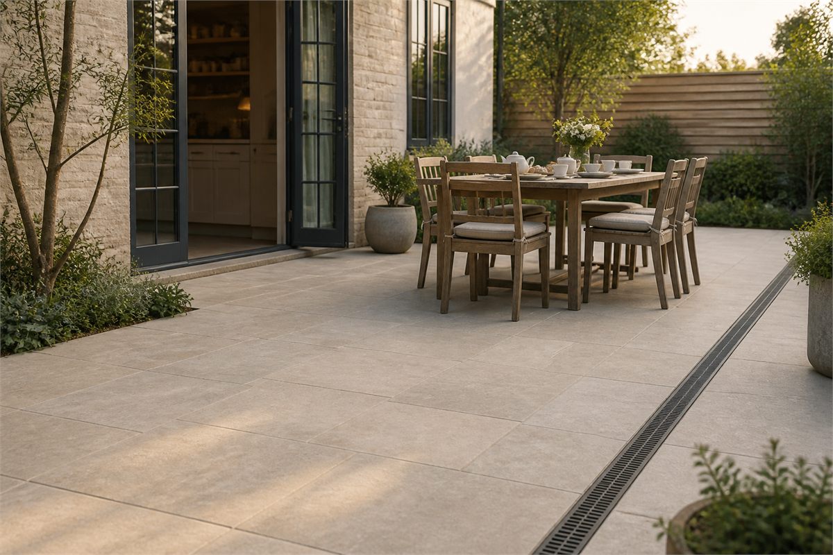Finished outdoor porcelain paver patio with a dining table and linear garden drain