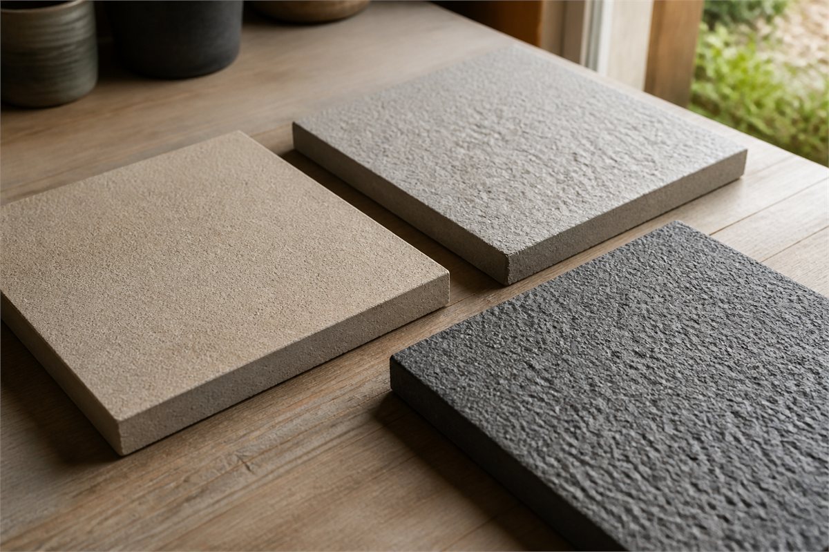 Three thick outdoor porcelain samples with fine granular, pitted and deeply textured surfaces