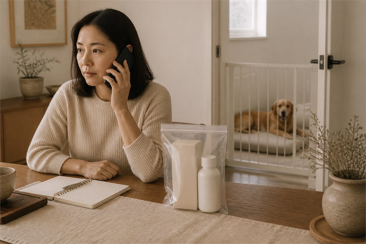 Owner on the phone with product packaging sealed while a dog rests behind a gate