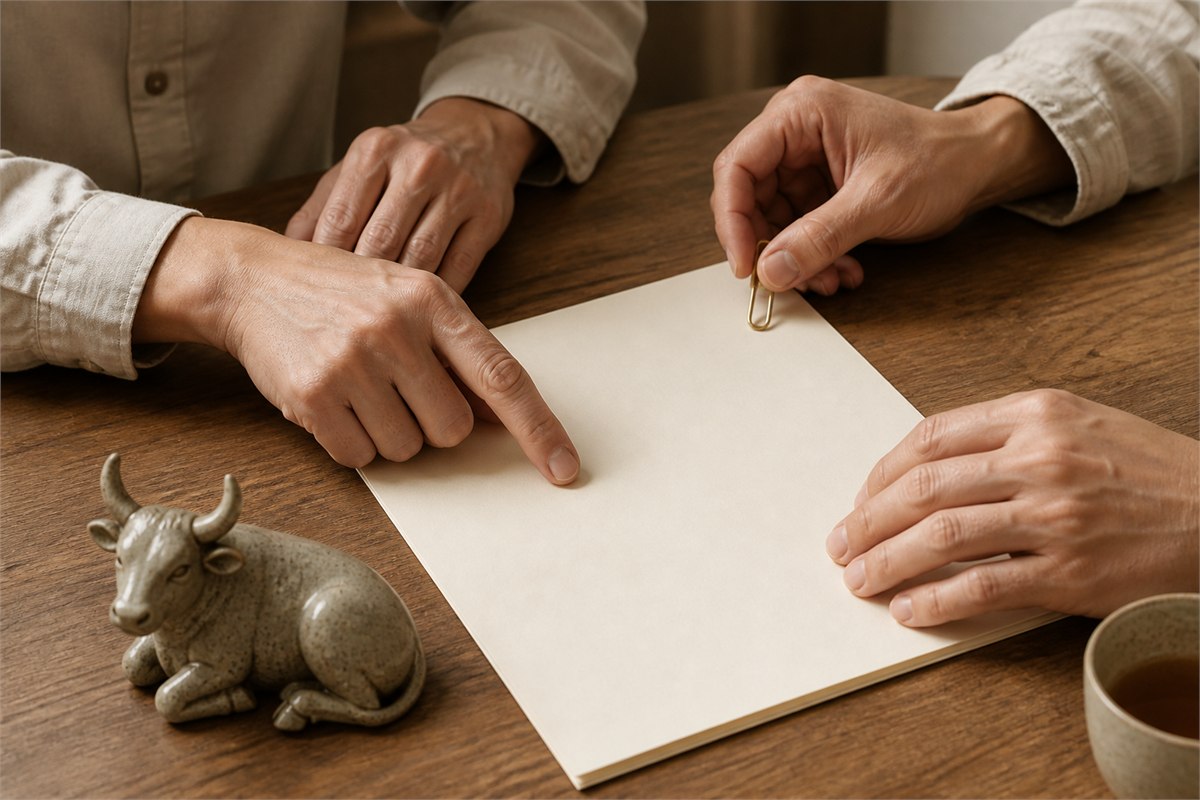 Two adults reviewing a blank document together beside a small ceramic ox figure