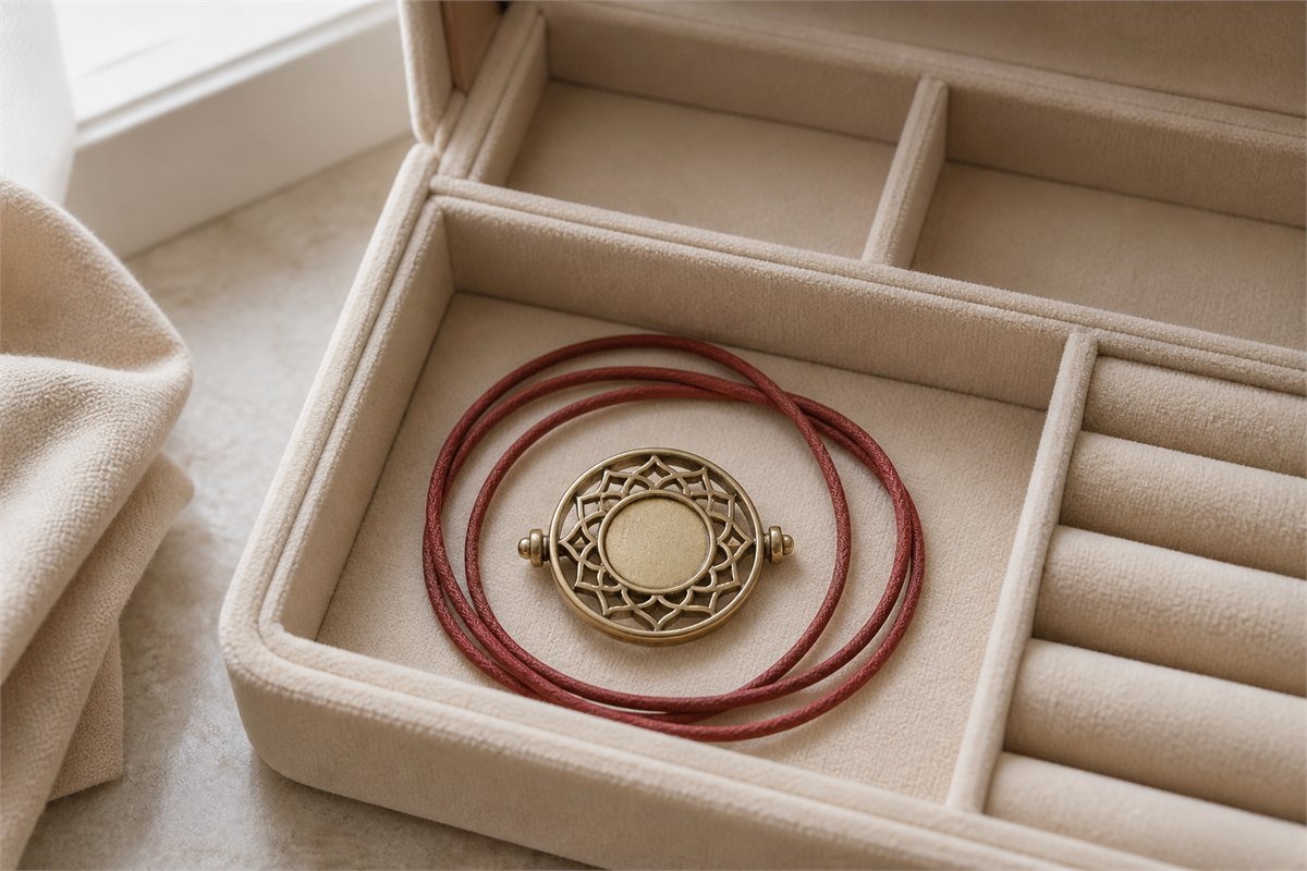 Moving pendant resting separately in a softly padded jewelry box