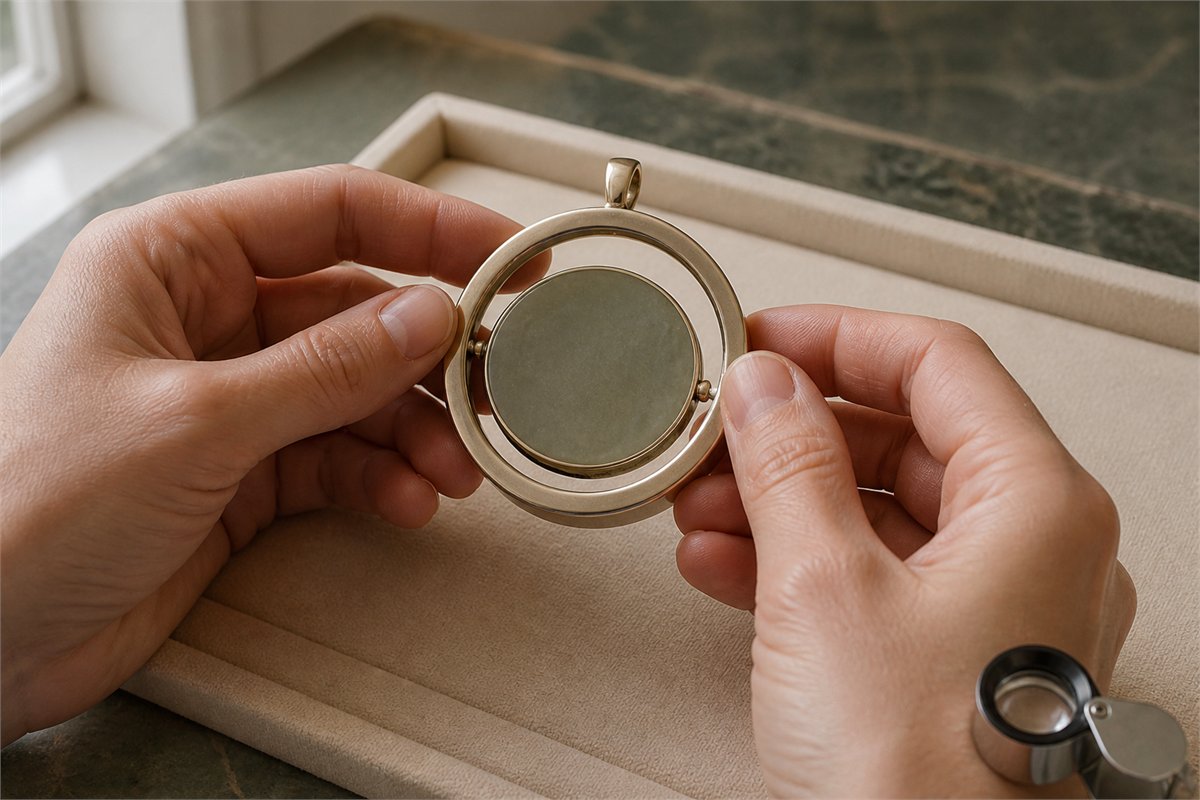 Hands examining a moving-center pendant over a soft padded tray