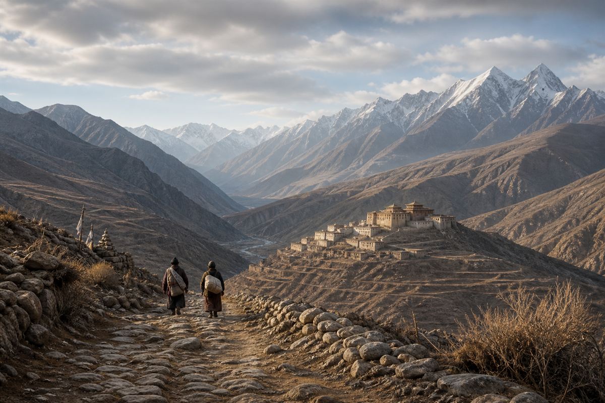Two distant travelers on a mountain path leading toward a monastery at sunrise