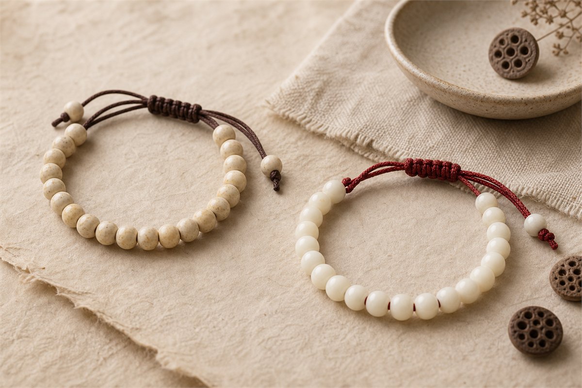 Two separate pale opaque plant-bead bracelets with matte and smoother surfaces on warm paper