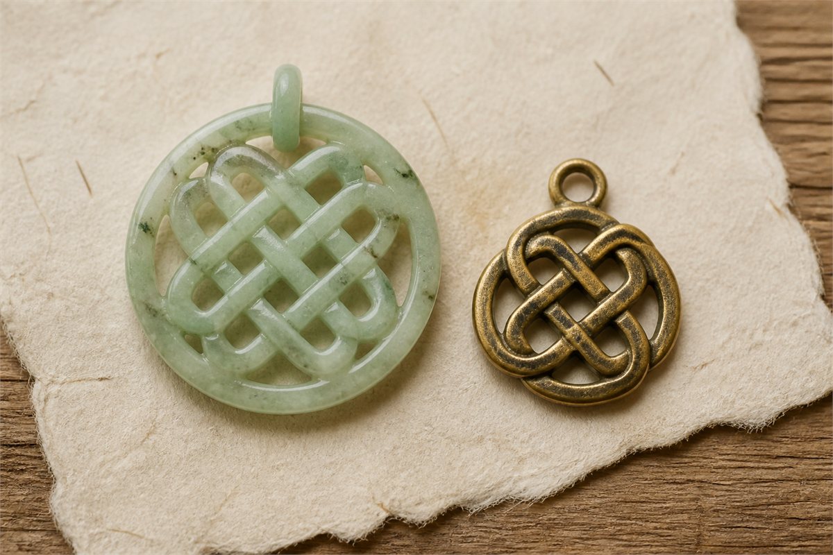 Pale green jade openwork pendant and aged brass pendant with Pan Chang interlace motifs