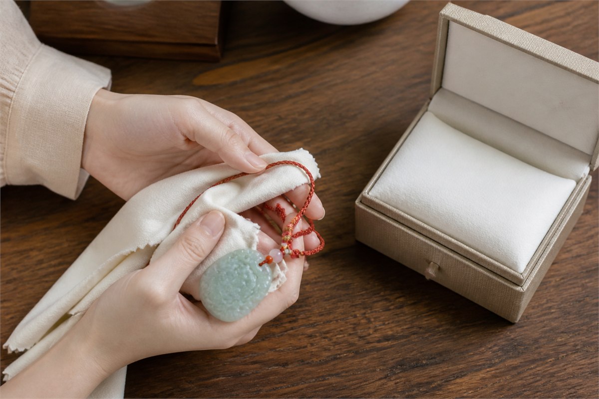 Hands gently wiping red cord and pale jade jewelry beside an open padded storage box