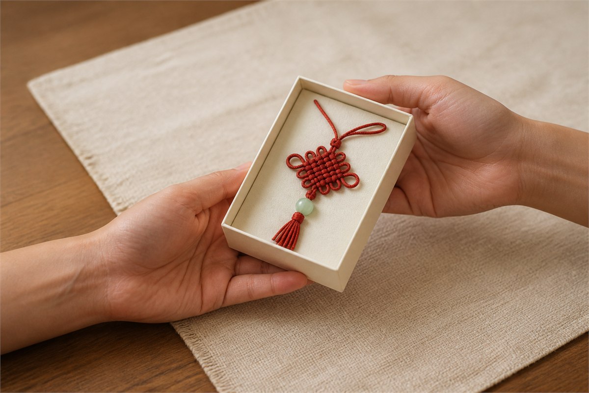 Two adult hands exchanging an ivory gift box containing a red Pan Chang knot keepsake