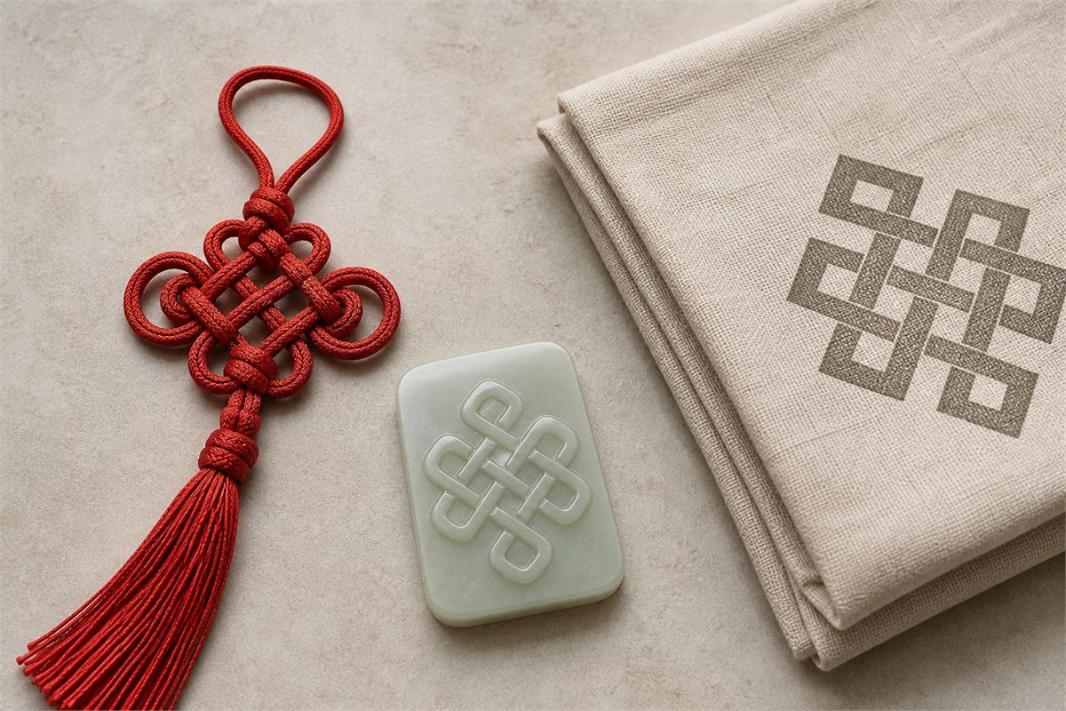 Red cord Pan Chang knot beside a carved pale jade motif and a printed interlace pattern