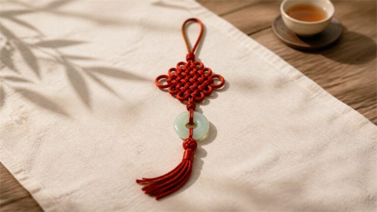 Red Pan Chang knot with pale jade disc and tassel on warm ivory linen in natural light