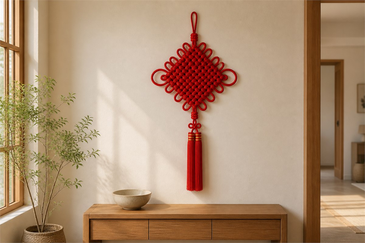 Large red Pan Chang knot wall hanging in a calm warm-ivory home interior