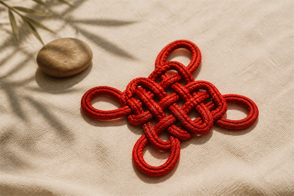 Red Pan Chang knot with a balanced interlaced cord structure on warm ivory linen