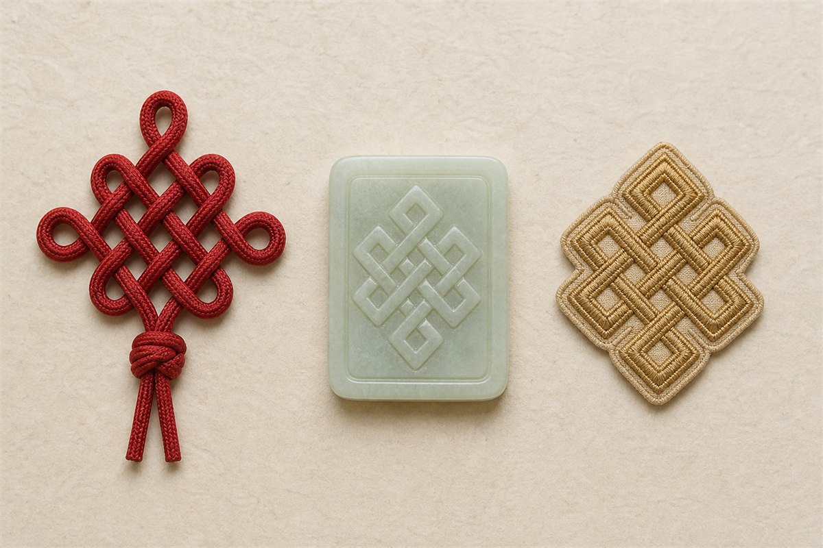 Red cord knot, pale jade interlace motif, and gold embroidered endless-knot design shown as distinct objects