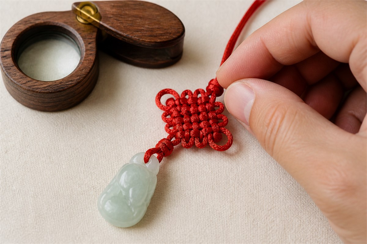 Hand inspecting the crossings and jade attachment of a finished red Pan Chang knot