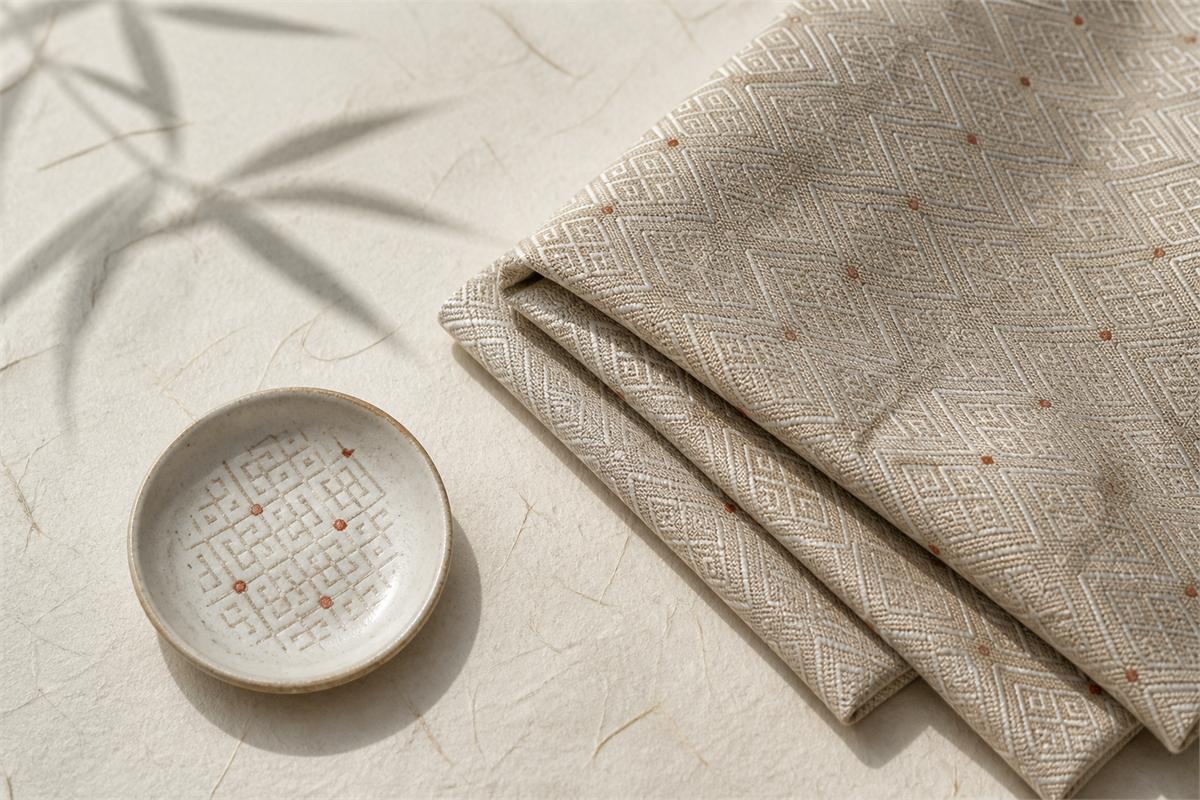 Oatmeal brocade textile and small ceramic dish with restrained Pan Chang interlace patterns