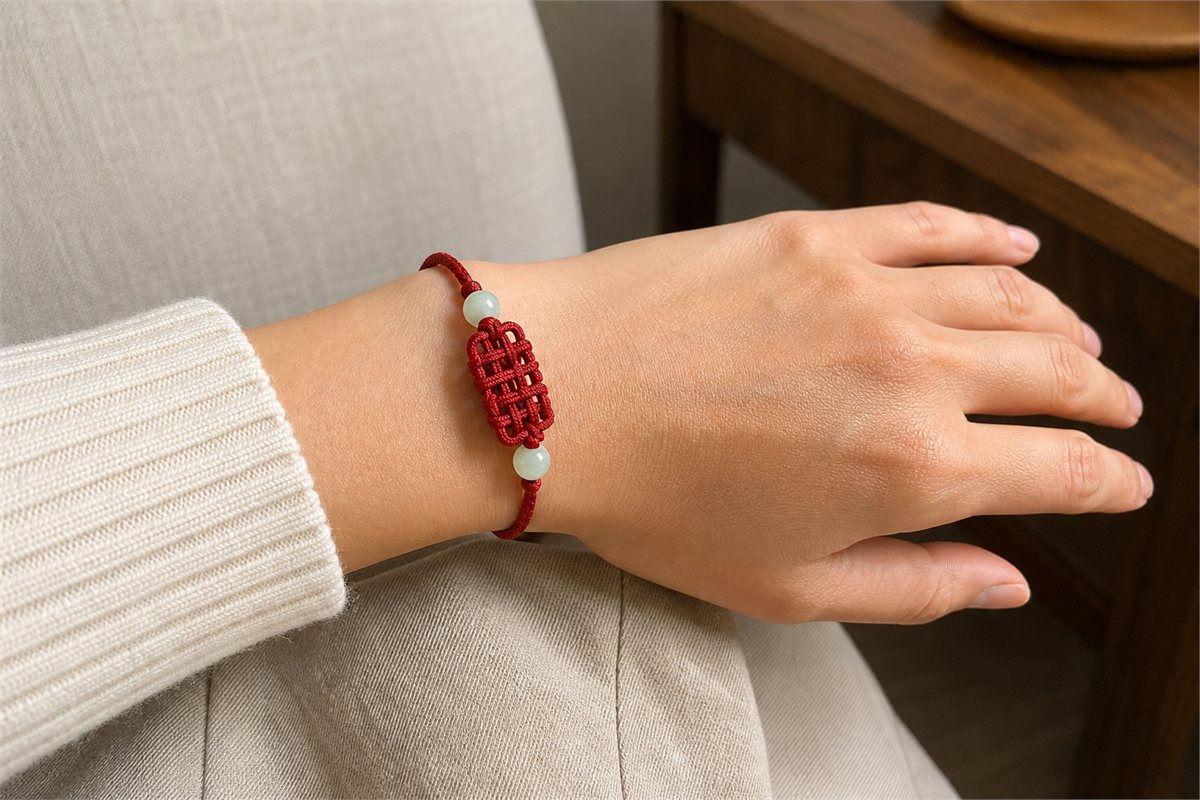 Adult wrist wearing a red cord bracelet with a rectangular Pan Chang knot and two pale jade beads