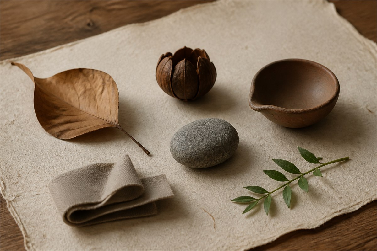 Fallen leaf, seed pod, river stone, clay lamp, linen, and green sprig on handmade paper