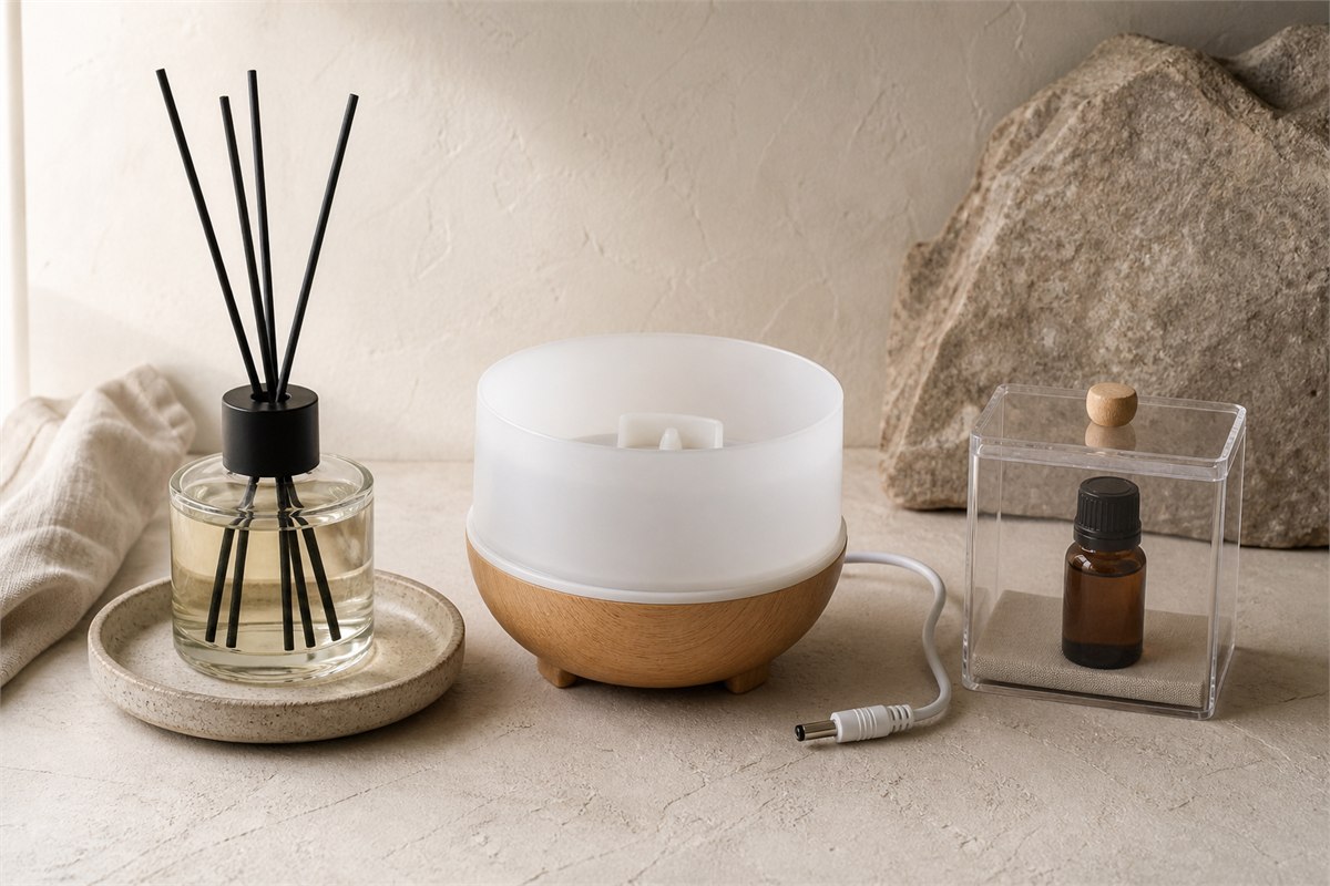 Inactive reed diffuser, unplugged ultrasonic diffuser, and capped oil bottle arranged separately