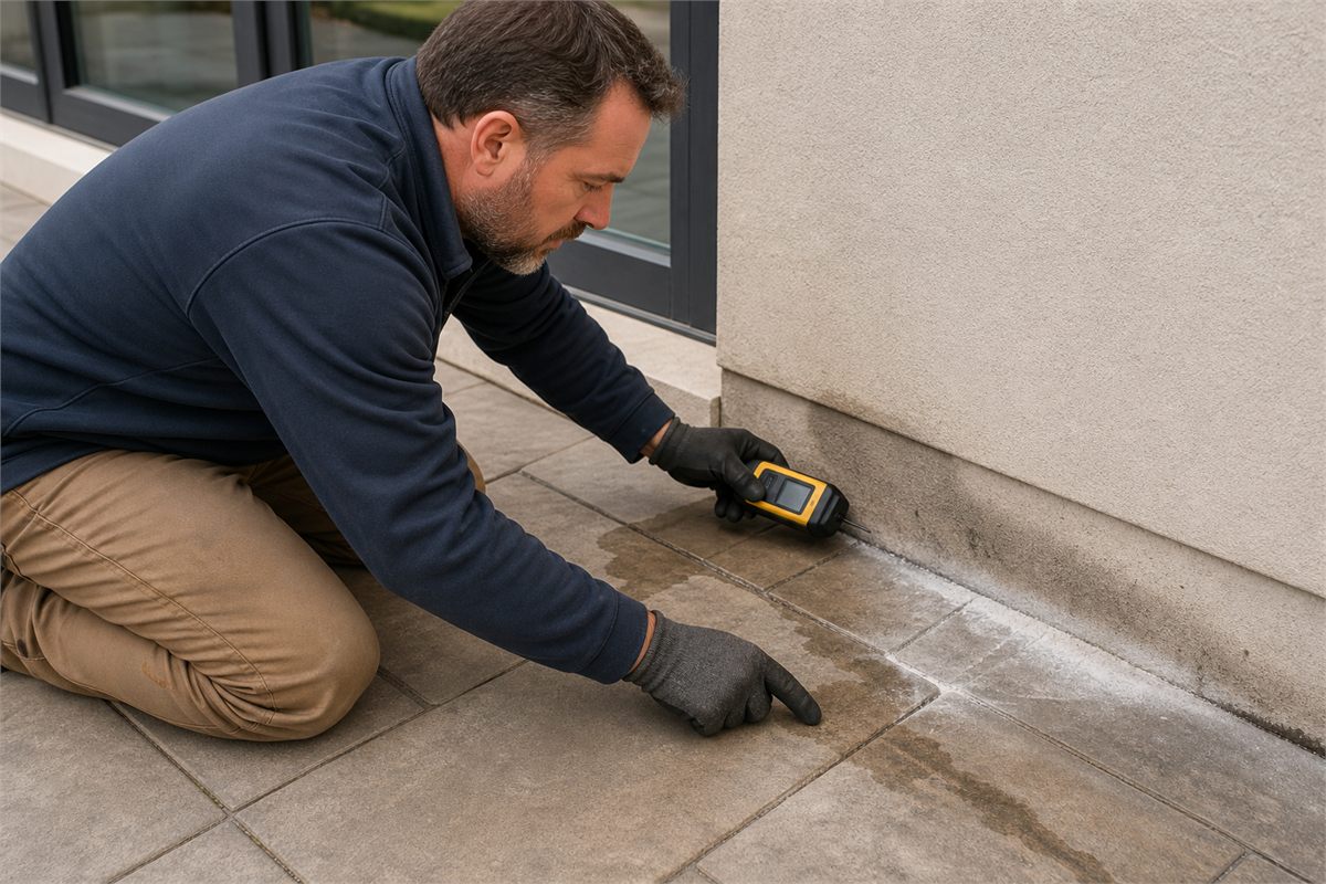 Professional checking moisture beside a small efflorescence deposit at a paving joint