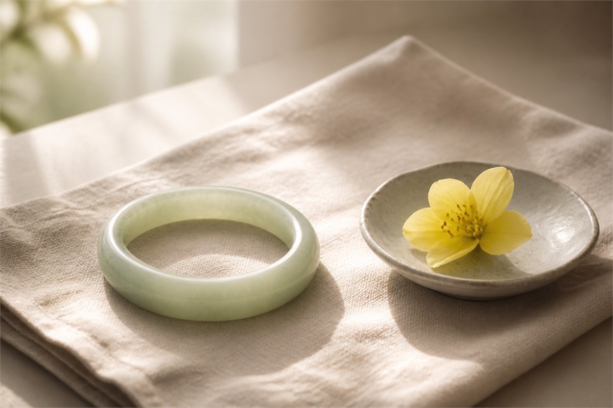 Pale jade bangle beside a ceramic dish and small yellow flower