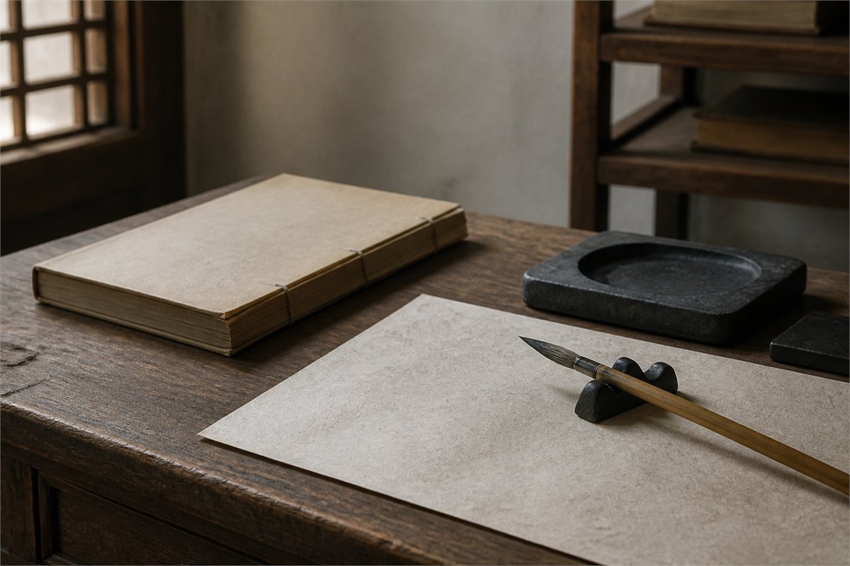 Closed stitched book, blank paper, brush, and inkstone on a wooden desk
