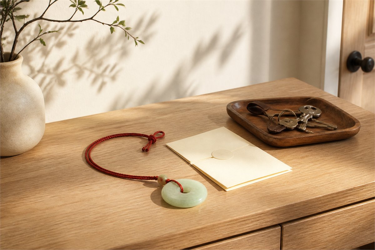 Jade pendant, blank card, and keys arranged on a warm entry table