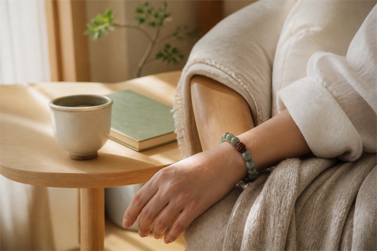 Adult wrist wearing a jade bead bracelet beside a ceramic cup and closed book