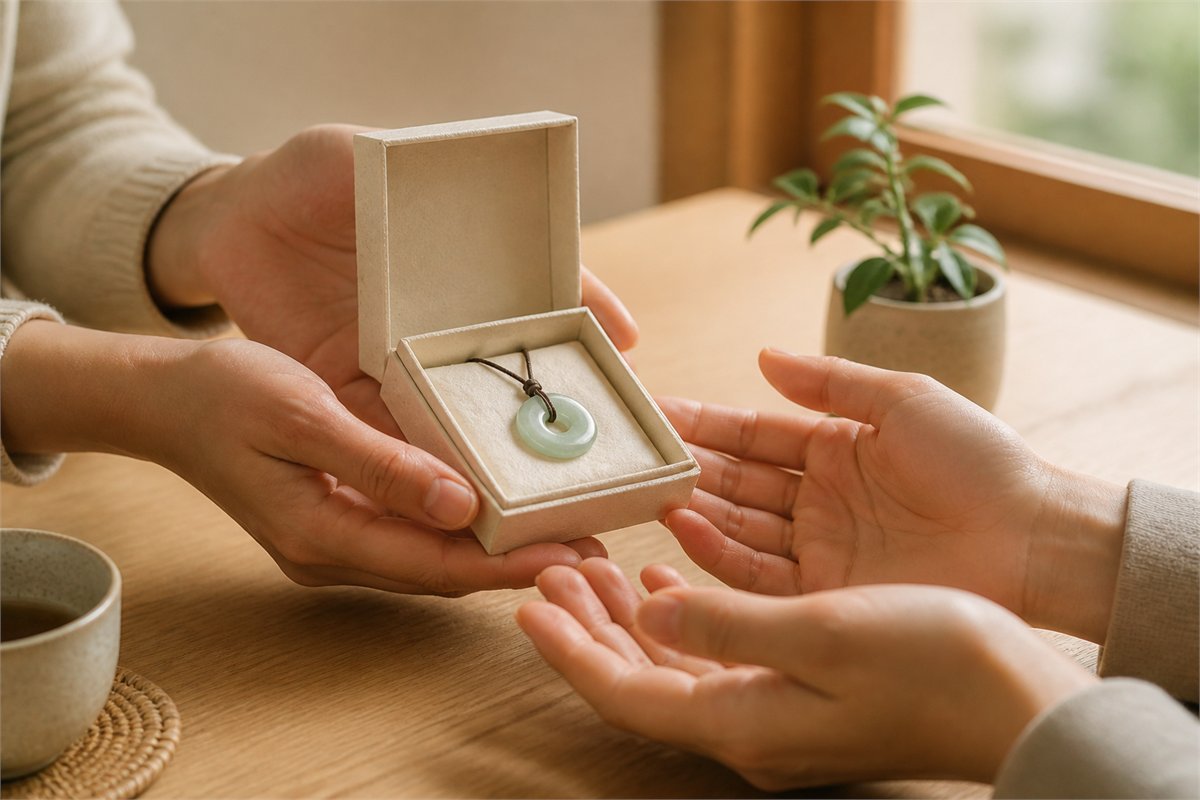 Two adults exchanging an open gift box containing a small jade pendant