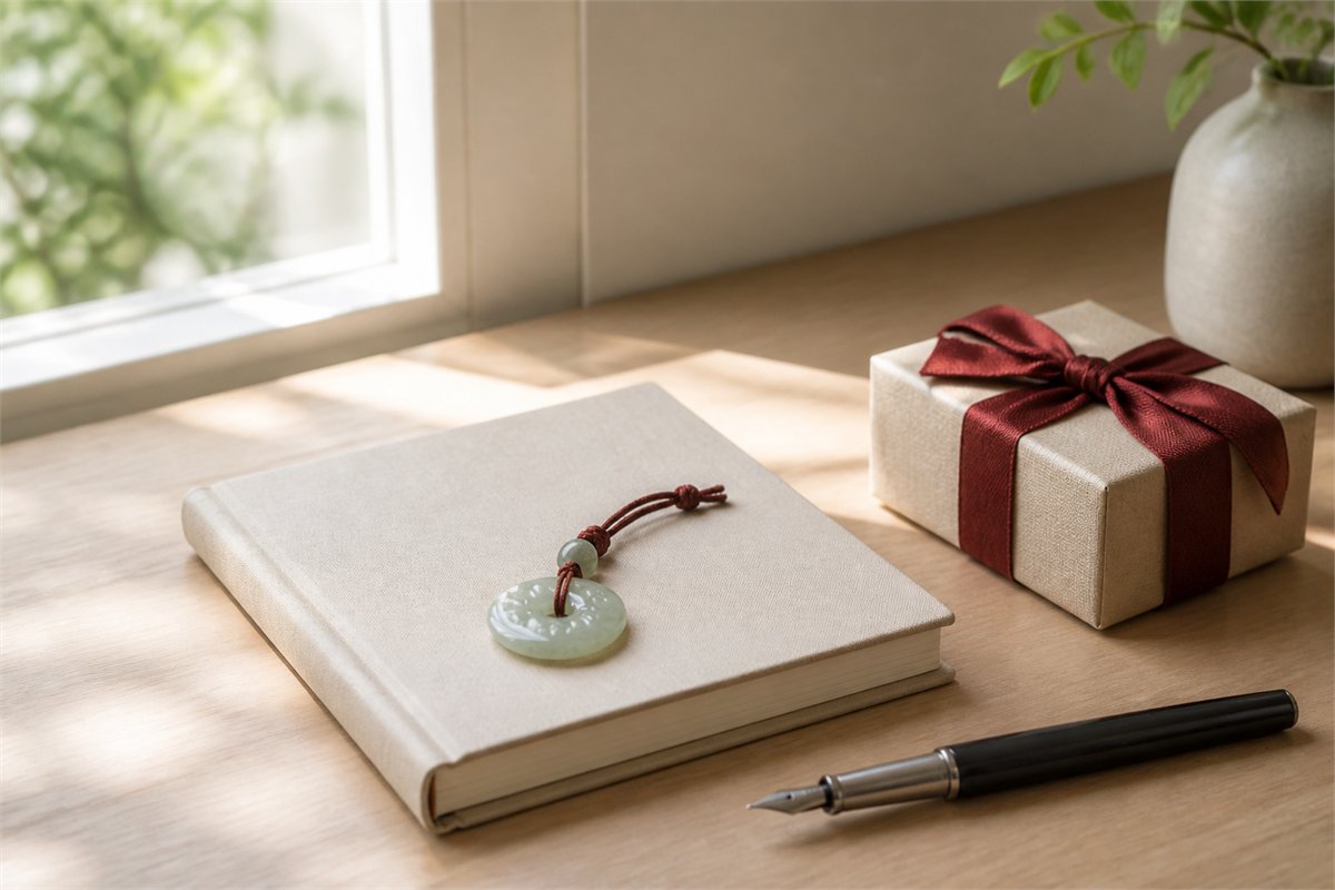 Notebook, pen, wrapped gift, and jade pendant on a light wooden desk