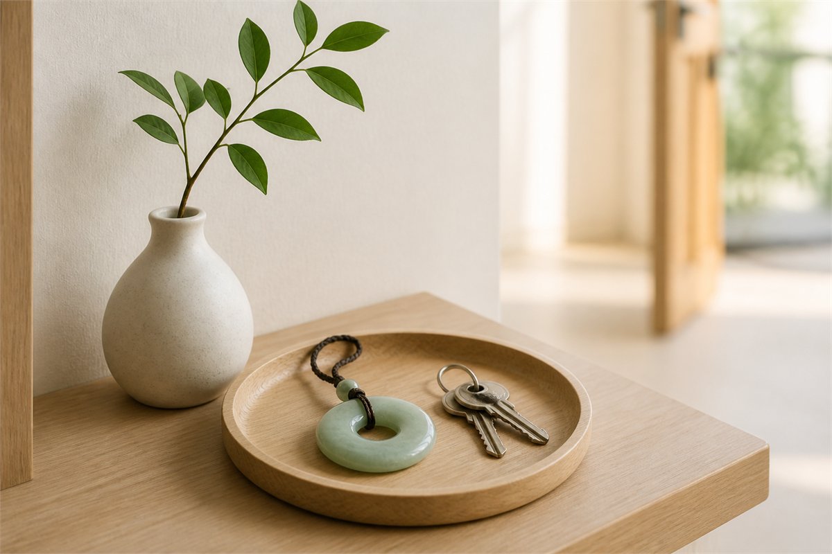 Jade pendant and keys on an entry shelf beside a ceramic vase