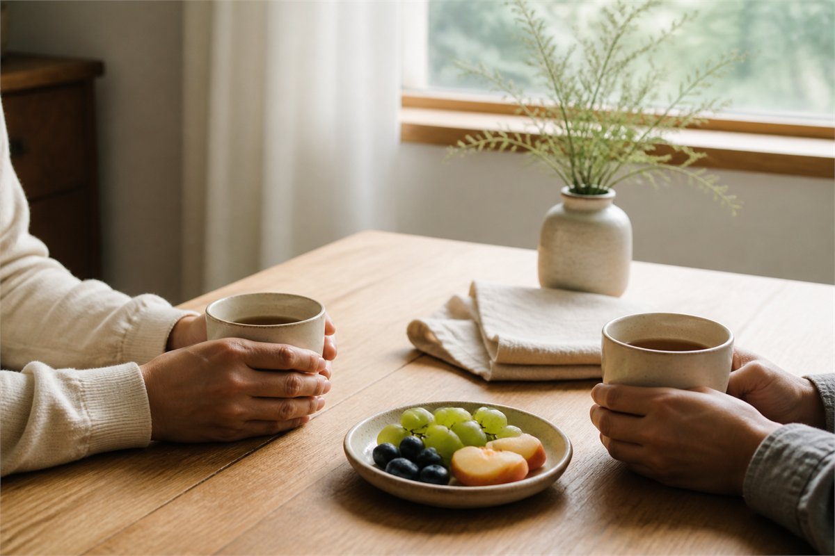 Two adults holding ceramic tea cups across a softly lit table