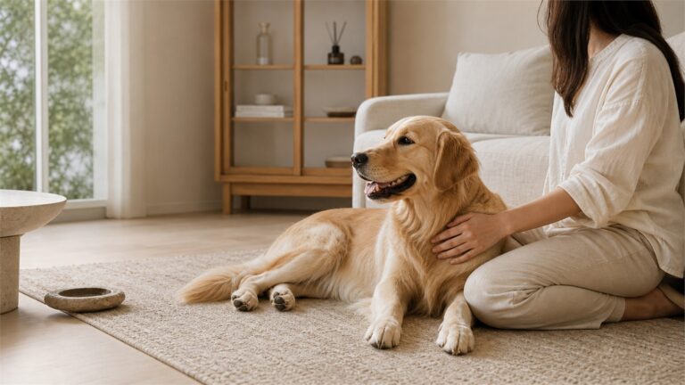 Golden retriever resting beside an owner in a calm fragrance-free living room