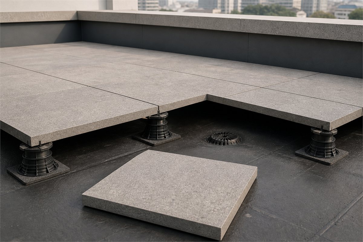 Outdoor porcelain pavers on adjustable pedestals above a protected membrane and roof drain
