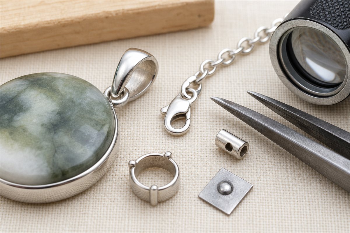 Macro view of a stone pendant bail, jump ring, chain, clasp, cord fitting, bezel, and solder sample