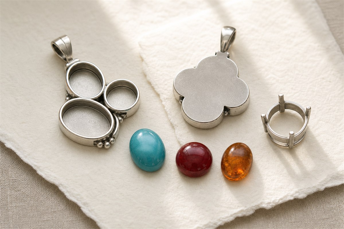 Empty pendant bezels, plain pendant back, prong setting, and three colored glass, ceramic, and resin cabochons