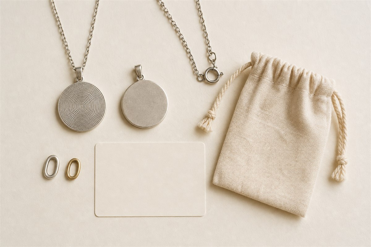 Pendant front and back views, chain clasp, two metal sample links, blank information card, and cotton pouch
